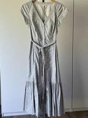 Rebecca Taylor Blue White Floral V-Neck Short Sleeve Midi Dress Button Size 8